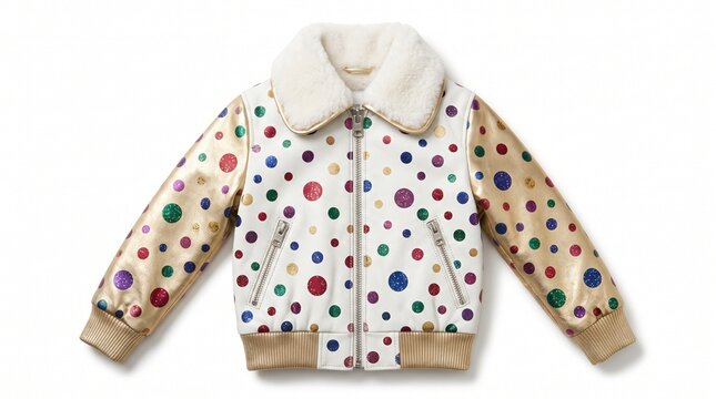 Stylish winter jacket with colorful polka dot pattern and a soft warm fur collar