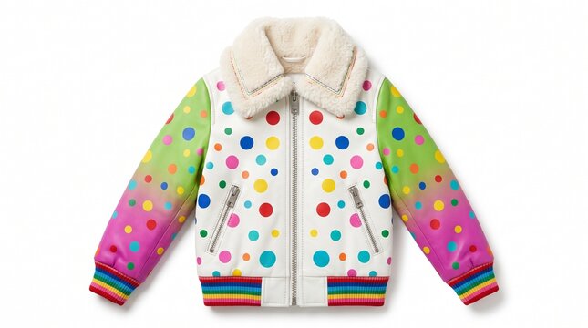 Colorful polka dot bomber jacket with rainbow gradient sleeves for modern fashion