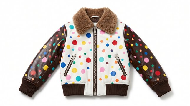 Stylish bomber jacket for children with colorful polka dots and brown fur collar