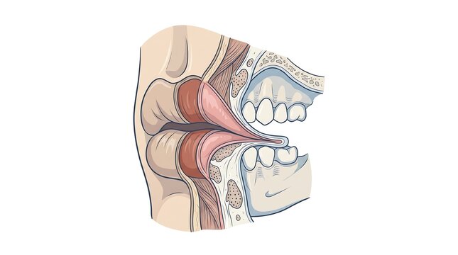 Anatomical cross section illustration of human mouth and throat.