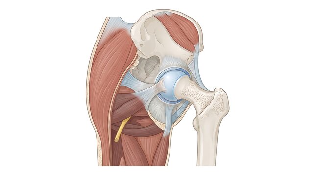 Anatomical illustration of the human hip joint and surrounding pelvic muscles.