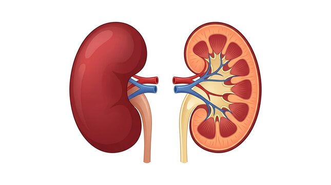 Anatomical illustration of human kidneys showing external and internal structure.