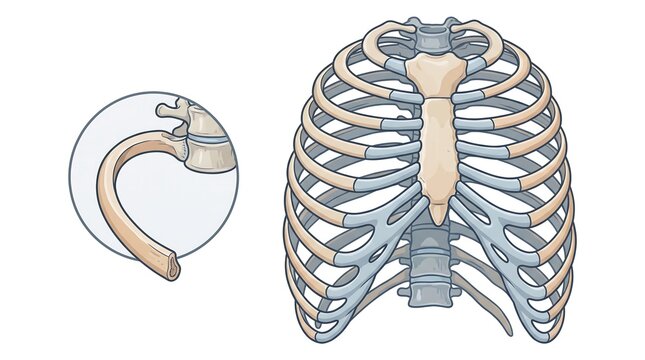 Anatomical illustration of the human rib cage and thoracic skeleton.
