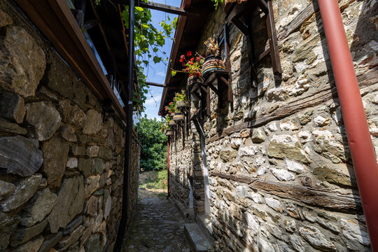 Narrow cobblestone alley between traditional stone houses with flower pots in Greece   