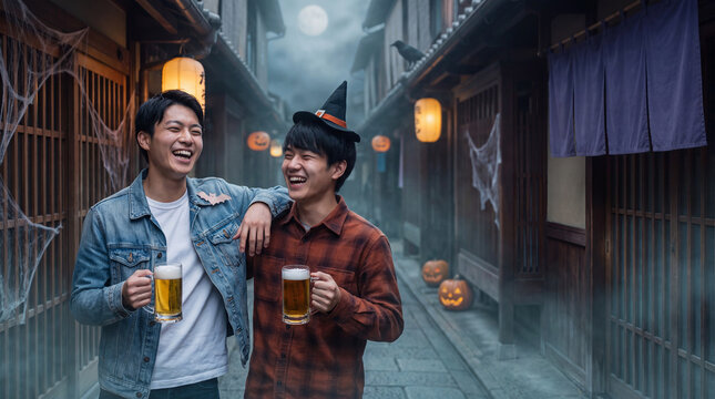 ハロウィン飾りの和風な街並みをビールを手に歩く若い男性二人 ｜ 賑やかな夜