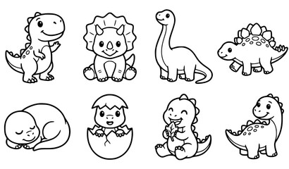 Adorable Baby Dinosaur Poses Collection Simple Animal Coloring Sheet Vector © MstAnowara
