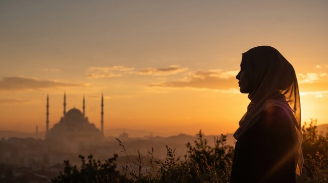 Hijab-wearing woman looking toward a mosque at sunset. Muslim faith and religious identity. Islam, worship and spirituality. Copy space for cultural and faith-based messaging.