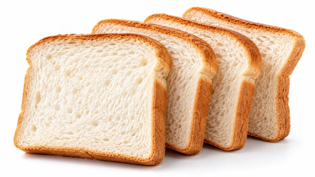 Fresh white bread slices arranged in row on plain surface for breakfast bakery or sandwich food product mockups.