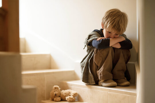 Lonely Child Sitting on Stairs with Teddy Bear