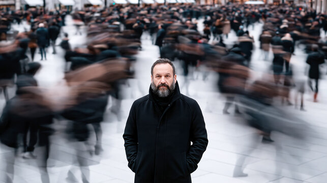 Man Standing Still in a Fast Moving Crowd