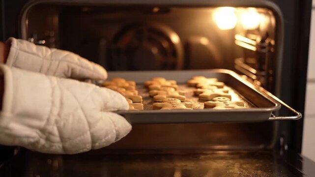Hands wearing oven mitts remove a tray of freshly baked cookies from oven. Home baking and cooking. Homemade dessert preparation. Kitchen food process.