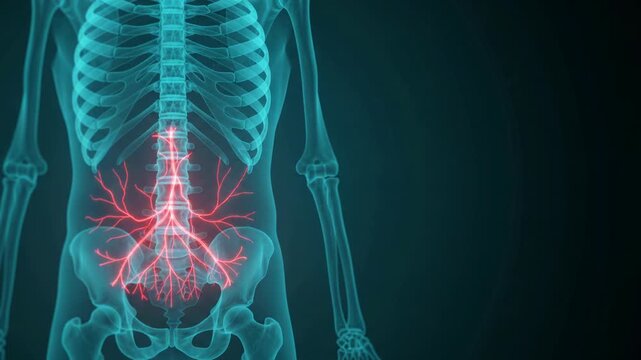 Human Spine and Pelvis Pain - Glowing Red Nerve Inflammation Spreading through Vertebrae - 3D Medical Animation X-ray Footage
