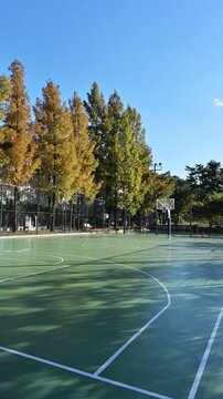 맑고 푸른 하늘 아래 공원에 위치한 빈 야외 농구장(Empty outdoor basketball court in a park under clear blue sky in Korea.)