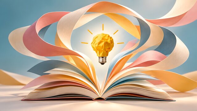 Open book with swirling pastel paper pages framing floating yellow crumpled lightbulb for creative learning, storytelling, and educational inspiration