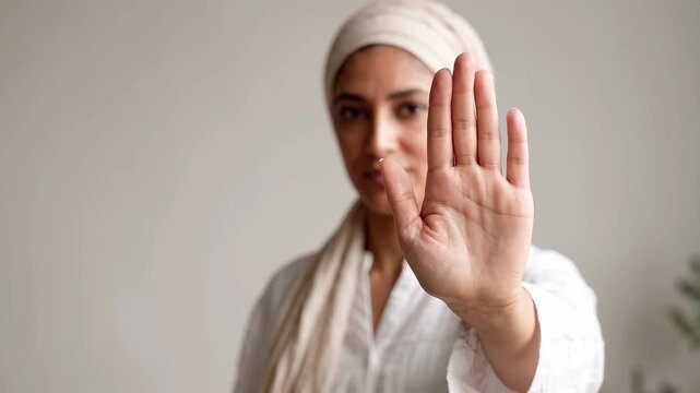 Woman raising palm toward camera in stop gesture. Personal boundaries and refusal. Consent, safety and assertive communication concept. Close-up portrait with copy space.