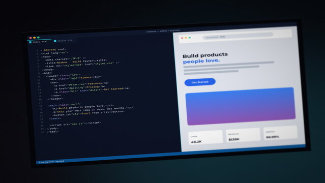 Web Developer Coding Screen With Live Preview, HTML Code And Website Mockup Side By Side, Dark Editor Interface, Frontend Development Workspace, Programming Concept, Close Up Photo, Digital Workspace