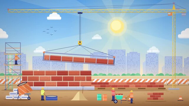 Flat vector illustration of construction site workers building a house with bricks.