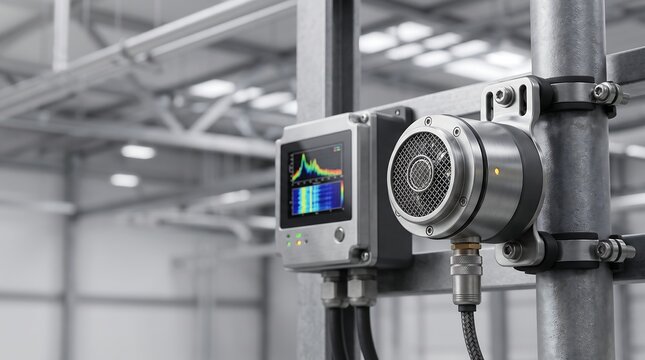 Industrial sensor device with display showing vibration data mounted on metal pipe system.