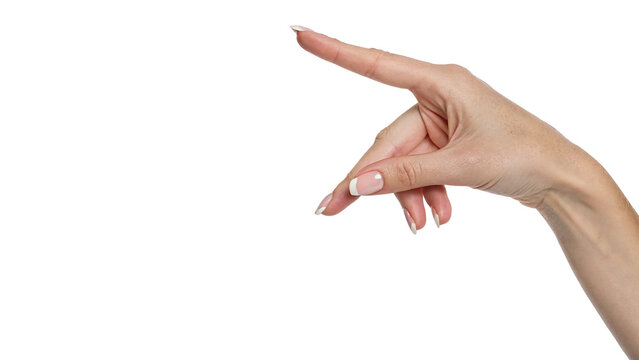 Human female arm and hand pointing with index finger body communication gesture isolated on transparent background.