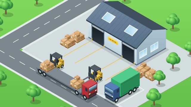 Isometric Automated Warehouse Logistics, Forklift Pallet Loading and Truck Fleet System