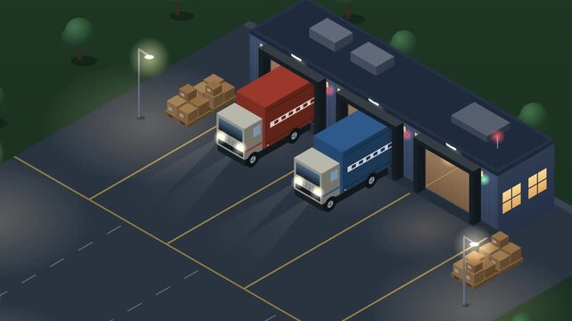 Isometric Automated Warehouse Loading Docks and Delivery Trucks at Night