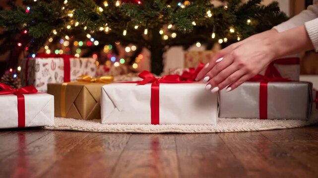 Hand places wrapped gift beneath decorated Christmas tree. Christmas presents and holiday gifting. Seasonal celebration, generosity and festive tradition. Cozy home interior.