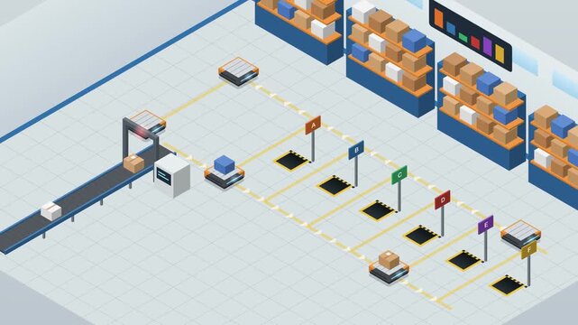Isometric Automated Parcel Sorting Robots and AGV Warehouse System