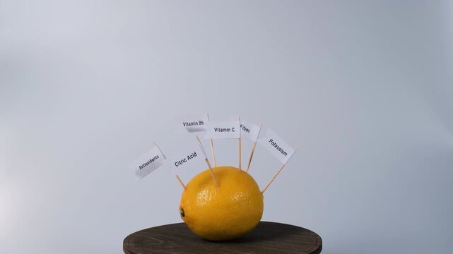 A lemon rotates with fiber, citric acid, vitamin B6, vitamin C, potassium and antioxidants flags. Citrus nutritional value and varied fruit intake concept