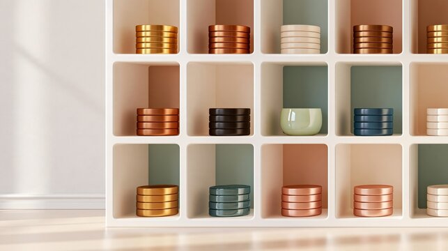 White shelving unit with stacked metallic and ceramic containers in warm and cool tones, clean minimalist composition with soft lighting and copy space