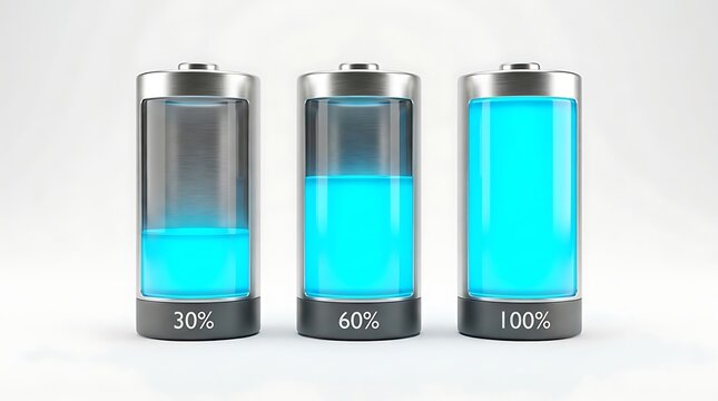 Three digital battery indicators display different charge percentages ranging from a low level to completely full against a plain white backdrop