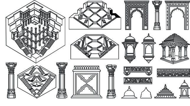 Traditional Indian architecture vector elements set featuring stepwell stairs ancient pillars arches windows and temple dome linear structures