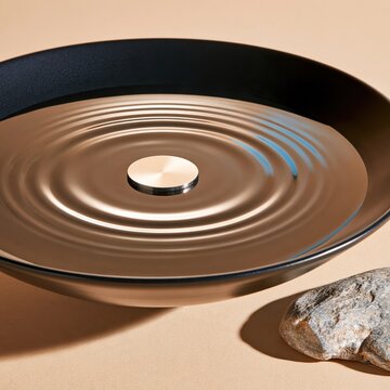 Smooth metallic coin floating on rippled liquid surface inside black bowl with textured stone beside, warm beige background and soft directional lighting
