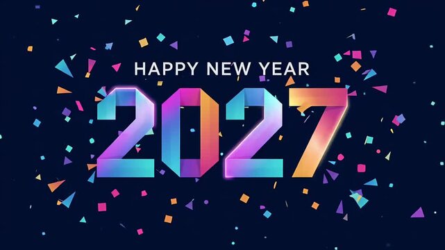 2027 happy new year text motion graphic background with colorful confetti animation

