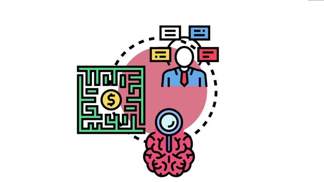 Human figure actively thinking and analyzing a complex maze leading to a monetary goal, signifying strategic planning, analysis, and solution development