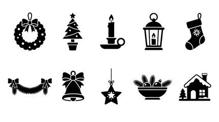 EPS Christmas icon set featuring wreath, tree, and candle, minimalist black vector symbols for holiday design and winter greetings Christmas © shafiqul
