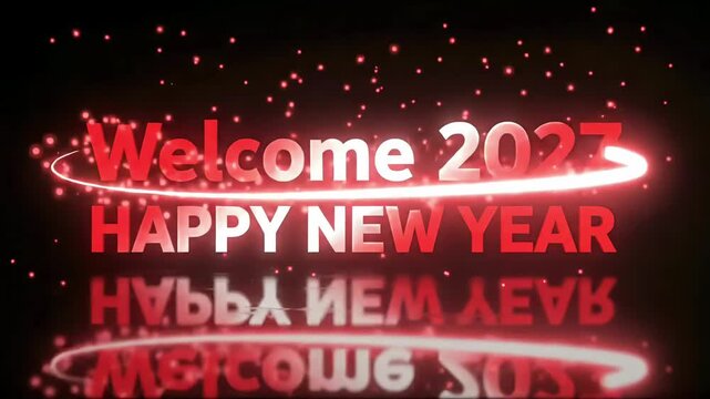 welcome 2027 new year red glowing text motion graphic background with reflection loop
