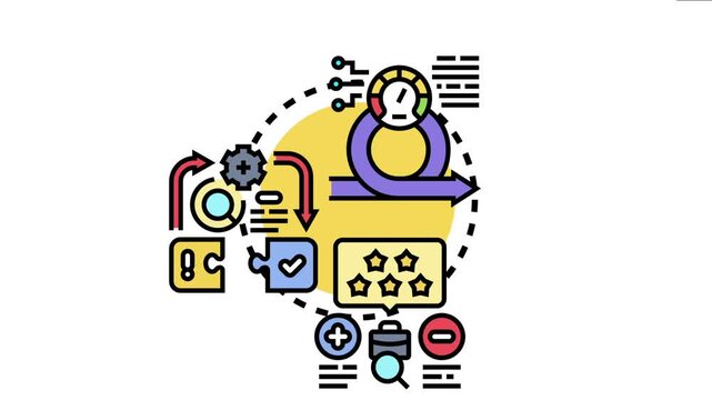 Business icons a loop of development, optimization, and feedback for process improvement, focusing on productivity, quality management, and strategic solutions