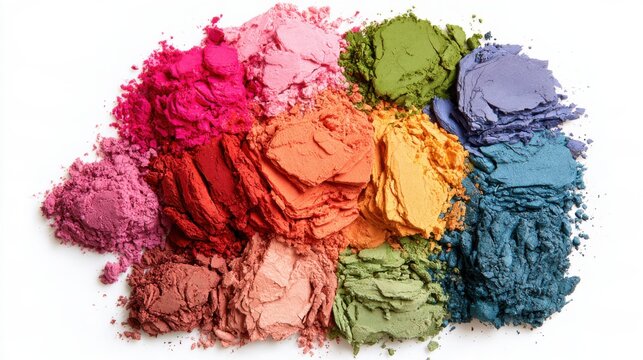 Colourful eyeshadow palette with crushed cosmetic powders arranged in a vibrant gradient on a white background