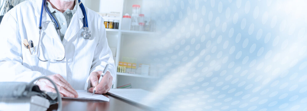 Doctor writing a prescription; panoramic banner
