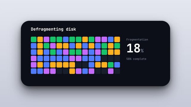 Animated disk defragmentation user interface showing colorful data blocks on a dark background screen