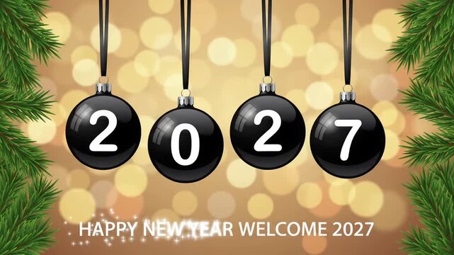2027 year baubles hanging animation with pine branches motion graphic background loop
