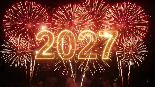 2027 year glowing text fireworks explosion motion graphic background seamless loop animation
