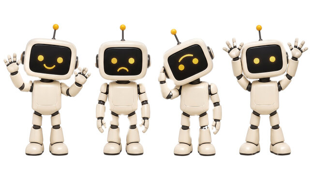 Four White Toy Robots with Different Emotions Waving on White