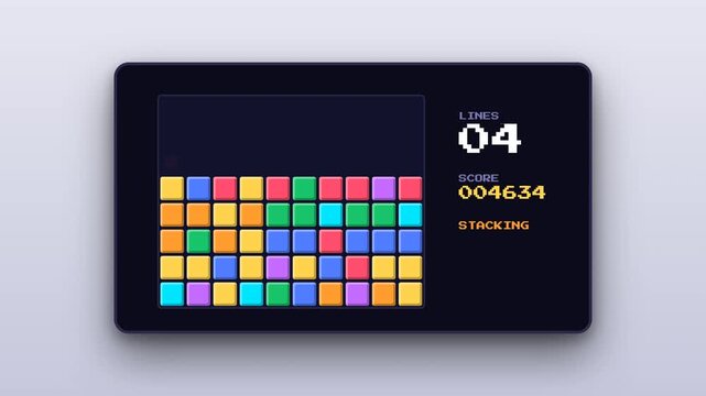 Animated retro pixel art video game interface with lines score and stacking text on background