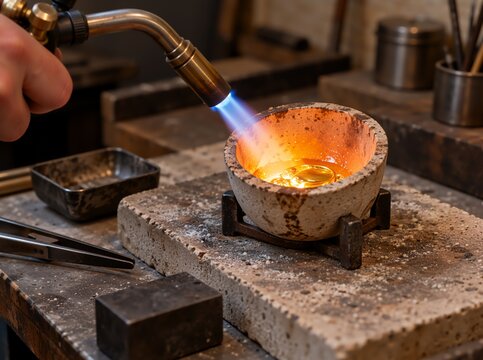 Close-up of a jeweler's hand using a torch to melt gold in a crucible on a workbench with tools, showcasing the intense heat and molten metal transformation process for jewelry creation