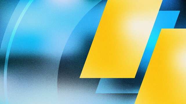 Abstract background with yellow gradient shape and blue gradient with circle shapes. Colorful gradient background with grainy or noisy effect.