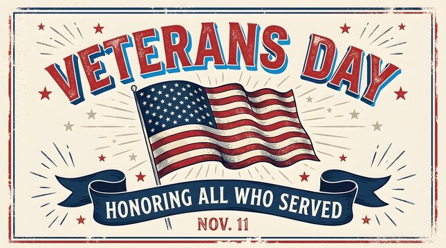 Veterans Day banner honoring American flag stars patriotic ribbon text November 11 celebration