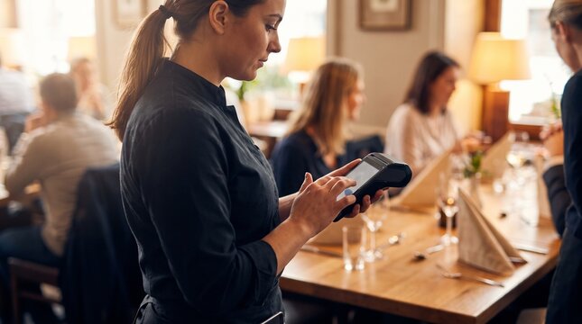 Restaurant waitress entering digital order, Professional server using handheld device, Modern table service technology, Hospitality workplace customer service 