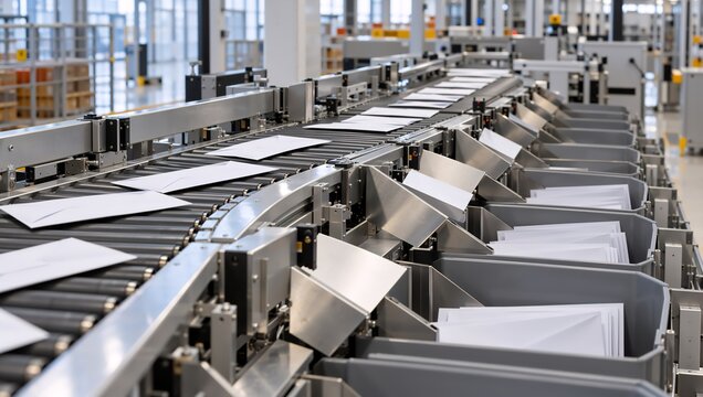 Automated mail sorting machine in a large industrial facility, with conveyor belts moving envelopes through a complex system of chutes and scanners