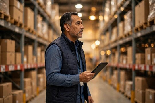 Warehouse worker holding digital tablet
